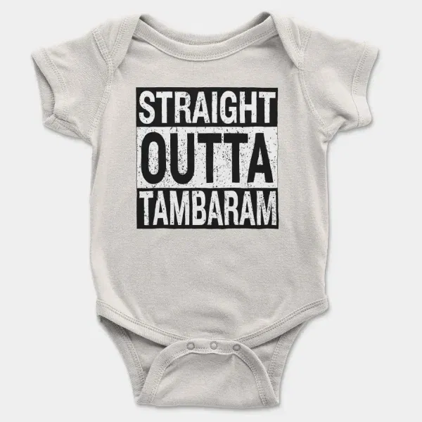 Straight Outta Tambaram Short Sleeve Baby Onesie in White Color