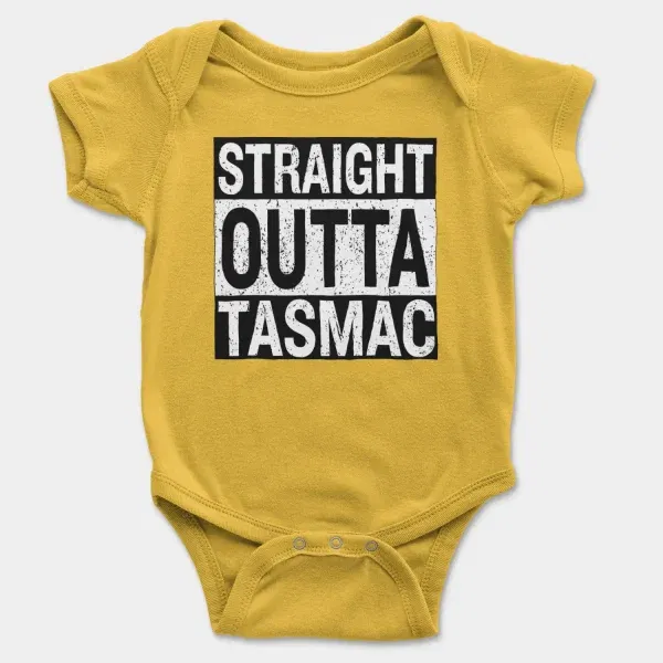 Straight Outta Tasmac Short Sleeve Baby Onesie in Yellow Color