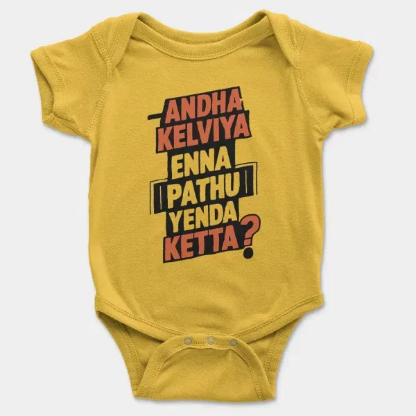 Andha Kelviya Enna Pathu Yenda Ketta Short Sleeve Baby Onesie in Yellow Color