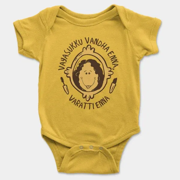 Vayasuku Vantha Enna Varati Enna Short Sleeve Baby Onesie in Yellow Color