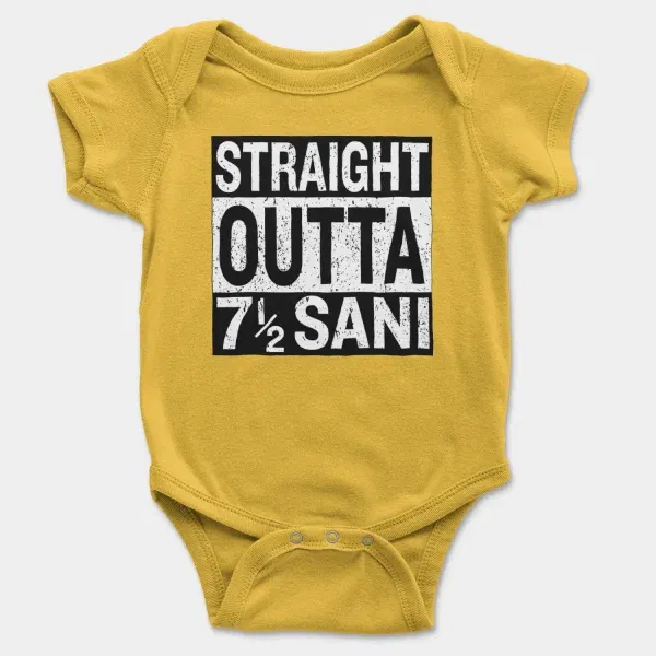 Straight Outta Sani - English Short Sleeve Baby Onesie in Yellow Color