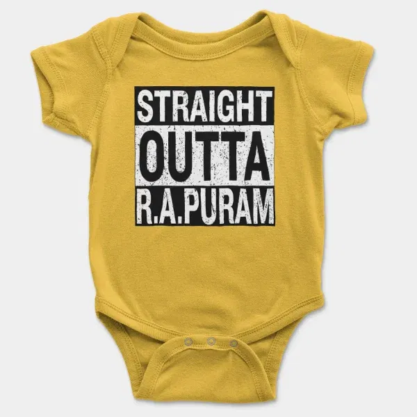 Straight Outta R.a Puram Short Sleeve Baby Onesie in Yellow Color