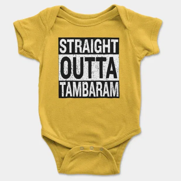 Straight Outta Tambaram Short Sleeve Baby Onesie in Yellow Color