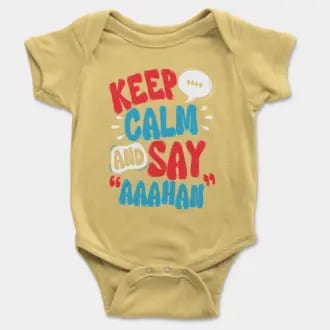 Keep Calm And Say Aaahan Short Sleeve Baby Onesie in Butter Color