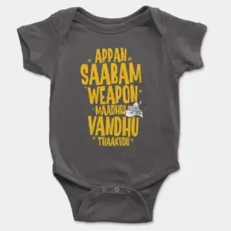 Appan Saabam Weapon Maadhri Vandhu Thaakudu Short Sleeve Baby Onesie in Charcoal Color