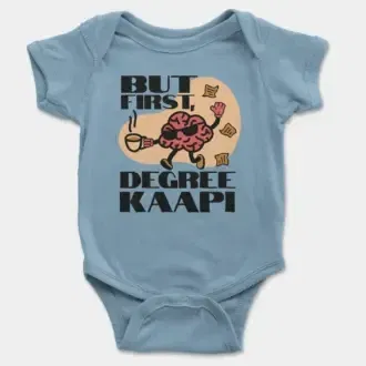 But First Degree Kaapi Short Sleeve Baby Onesie in Light Blue Color