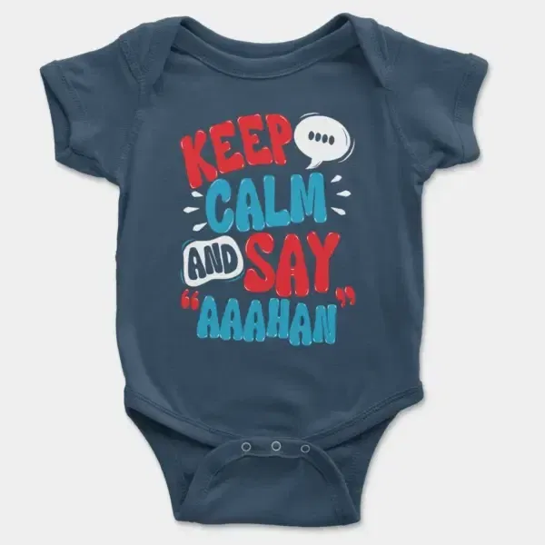 Keep Calm And Say Aaahan Short Sleeve Baby Onesie in Navy Color