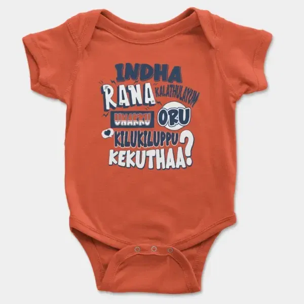 Indha Rana Kalathulayum Unakku Oru Kilukiluppu Kekuthaa Short Sleeve Baby Onesie in Orange Color