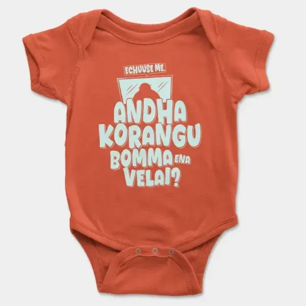 Echuuse Me Andha Korangu Bomma Ena Velai? Short Sleeve Baby Onesie in Orange Color