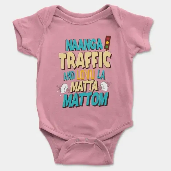 Naanga Traffic And Lovu La Matta Mattom Short Sleeve Baby Onesie in Pink Color