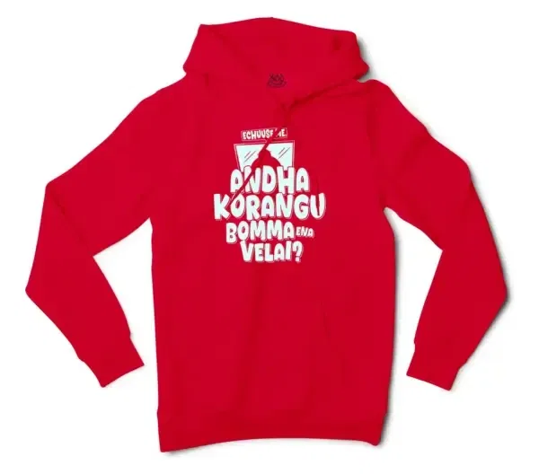 Echuuse Me Andha Korangu Bomma Ena Velai? Men/Unisex Hoodie in Red Color