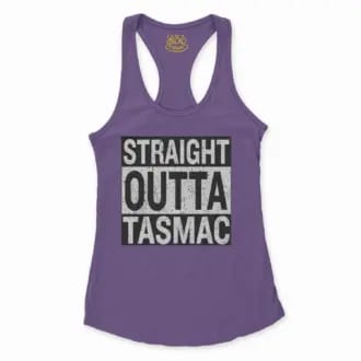 Straight Outta Tasmac Women's Racerback Tank in Solid Purple Rush Color