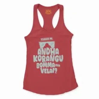 Echuuse Me Andha Korangu Bomma Ena Velai? Women's Racerback Tank in Solid Red Color