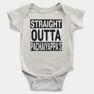 Straight Outta Pachaiyappa's Short Sleeve Baby Onesie in White Color