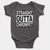 Straight Outta Chrompet Short Sleeve Baby Onesie in Charcoal Color