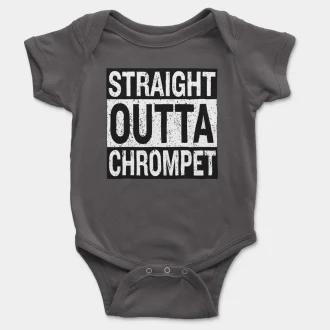 Straight Outta Chrompet Short Sleeve Baby Onesie in Charcoal Color