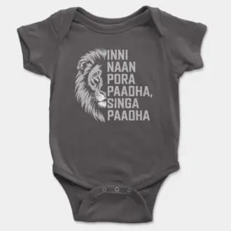 Inni Naan Pora Paadha, Singha Paadhai Short Sleeve Baby Onesie in Charcoal Color