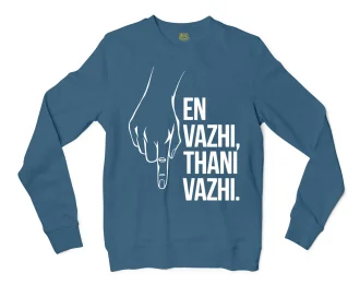 En Vazhi, Thani Vazhi (White) Men/Unisex Long Sleeve T-Shirt in Indigo Blue Color