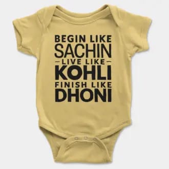 Start Like Sachin, Live Like Kohli, Finish Like Dhoni Short Sleeve Baby Onesie in Butter Color